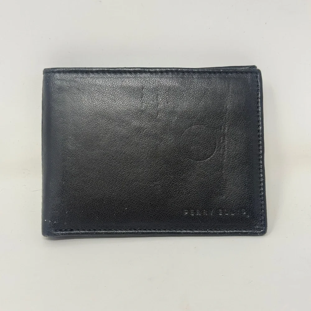Perry Ellis Portfolio Mens Black Genuine Leather Bifold Wallet with ID Window